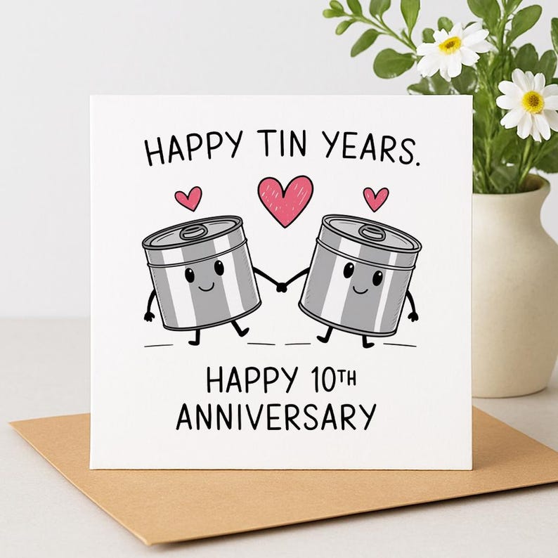 May include: A square white greeting card featuring a cartoon illustration of two grey tin cans holding hands. Above the cans are three pink hearts. The text reads: HAPPY TIN YEARS. HAPPY 10TH ANNIVERSARY in black capital letters.