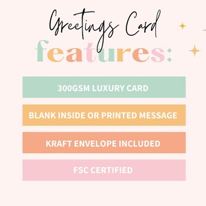 May include: A greeting card design with the words "Greetings Card" in a stylish script. The word "features" is in colorful pastel letters. The card includes a 300GSM luxury card, blank or printed message, kraft envelope, and is FSC certified.