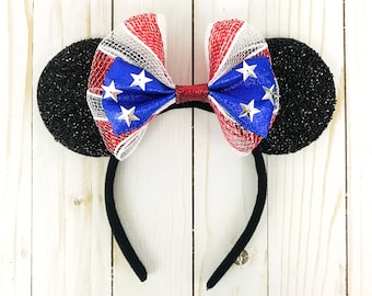 American Flag Mickey Ears Captain America Minnie Headband Red White Blue Stars Stripes USA