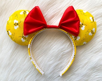 Winnie the Pooh Mickey Ears Disney Inspired Minnie Headband Yellow Bees Red Bow