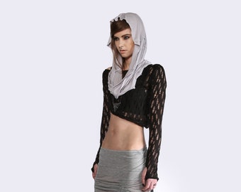 Distressed Longsleeve Crop Top | Asymmetrical Crop Top | Urban Street Wear | Dystopian Clothing | Crop Top Cover Up | Futuristic Clothing