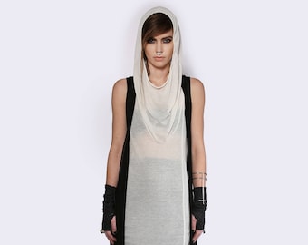 Sheer Maxi Dress | Hooded Maxi Dress | Long White Dress | Cowl Dress | Sheer Goth Dress | Long Dystopian Singlet | Futuristic Clothing UMMOK