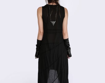 Geometric Maxi Vest | Long Black Vest | Pixie Warrior | Women's Festival Vest | Minimalist Vest | Sleeveless Cardigan | Futuristic Clothing