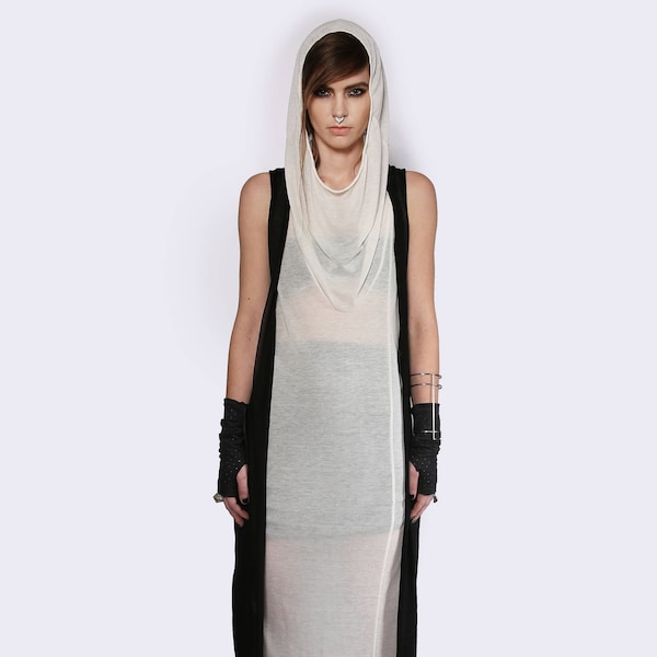 Transparentes Maxikleid | Kapuzen Maxi Kleid | Langes Weißes Kleid | Kleid mit Wasserfallausschnitt | Sheer Gothic Kleid | Langes Dystopisches Unterhemd | Futuristische Kleidung UMMOK