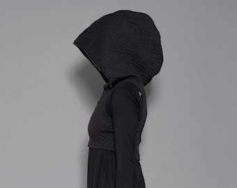 Hooded Crop Top | Geometric Shirt | Black Hooded Top | Alternative Fashion | Vegan Clothing | Dystopian Hoodie | Singlet Top | Cyber Punk