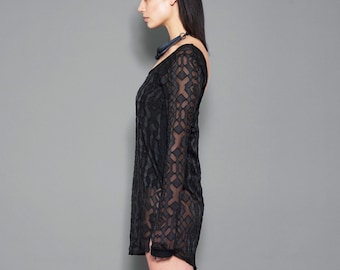 Black Edgy Mini Dress | Alternative Mini Dress | Lace Dress | Dystopian Dress | Geometric Dress | Low Cut Dress | Futuristic Clothing UMMOK