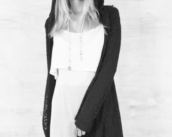 Black Hooded Cardigan | Asymmetrical Sweater | Distressed Top | Edgy Sweater | Apocalyptic Cardigan | Goth Fashion | Cropped Back Cardigan