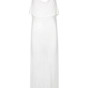 May include: A white sleeveless maxi dress with a ruffled neckline.