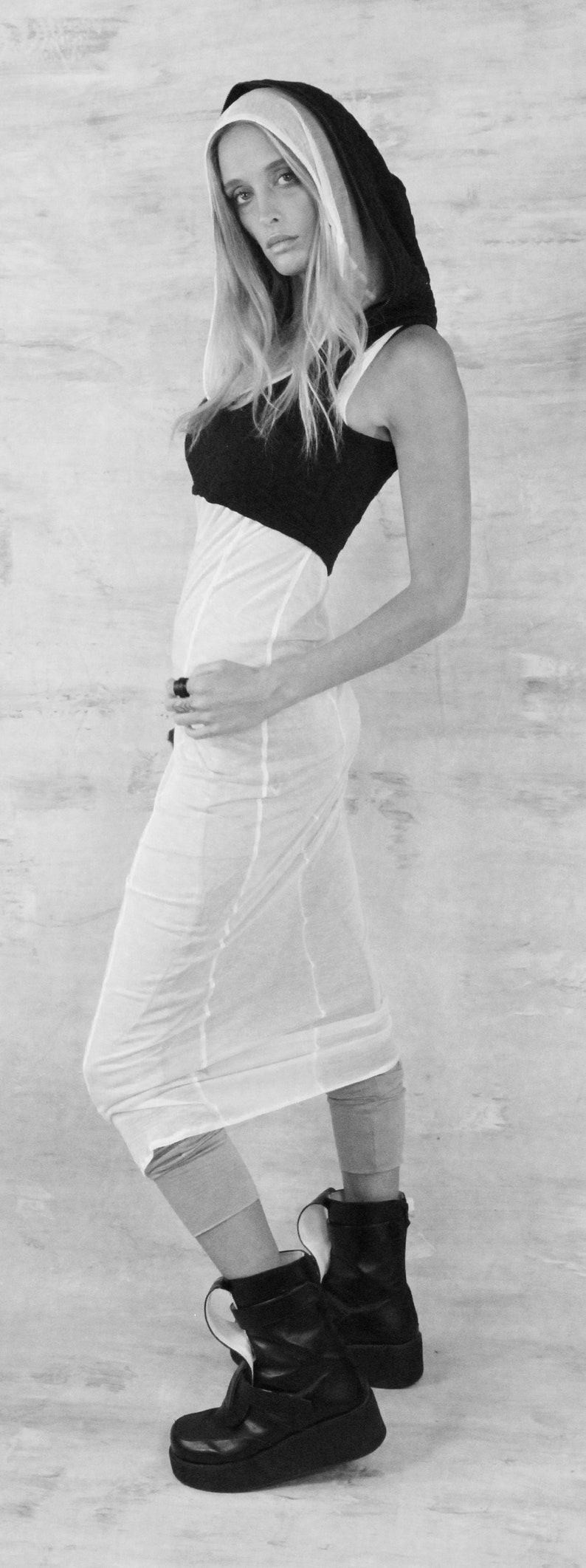 Sheer Maxi Dress Hooded Maxi Dress Long White Dress Cowl Dress Sheer