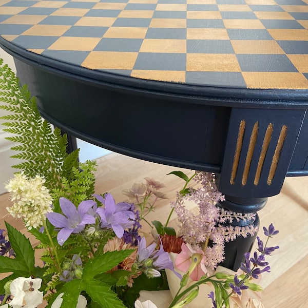 Pretty Coffee Side Table. Midnight Blue And Gold Chequered harlequin Top. Fusion paint