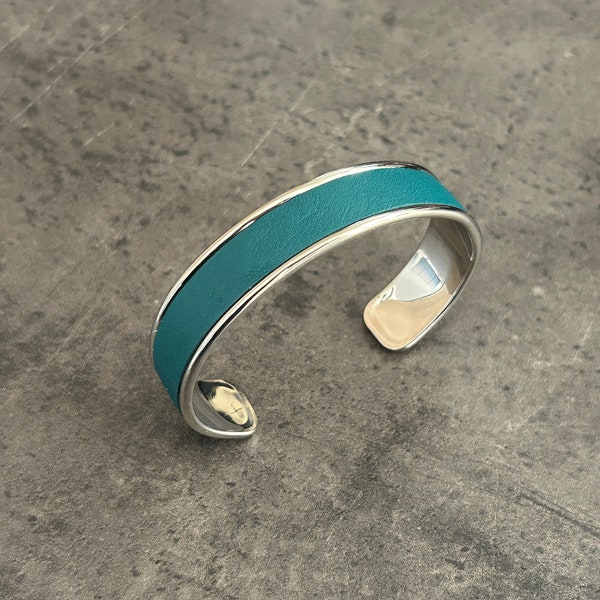 Bracelet manchette argent cuir bleu canard