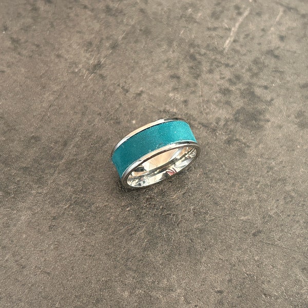 Bague argent cuir bleu canard