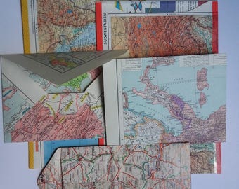 Enveloppes ucpcyclées à partir de vieilles cartes du monde,enveloppe recyclée,enveloppe motif carte géographique,recyclage papier,fait-main