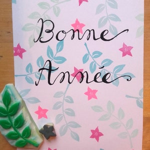 Carte de voeux tampons faits-mains et écriture au feutre peinture, papier recyclé, carte nouvelle année, carte bonne année
