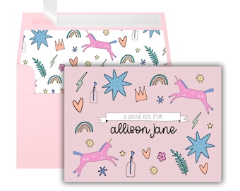 May include: Pink card with a unicorn, stars, hearts, and rainbows. The text reads "a special note from allison jane".