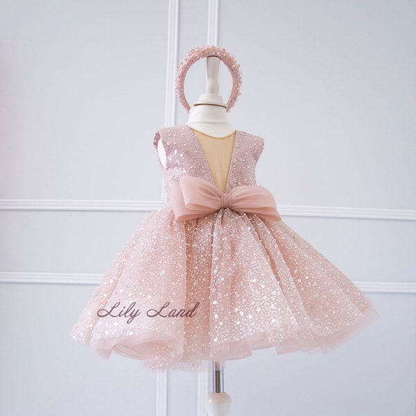 Champagne Sparkling Tutu Birthday Baby Dress, Flower Girl Dress, Special Occasion Prom Ball Gown Wedding Guest Pageant Smash Cake Outfit