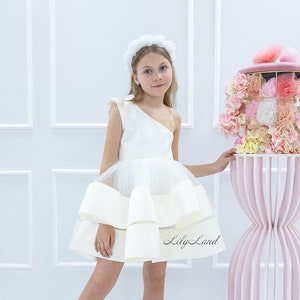 White Prom & Wedding Flower Girl Gown, Junior Bridesmaid,One Shoulder Birthday Baby Dress,First Communion, Tutu Puffy Special Occasion Dress