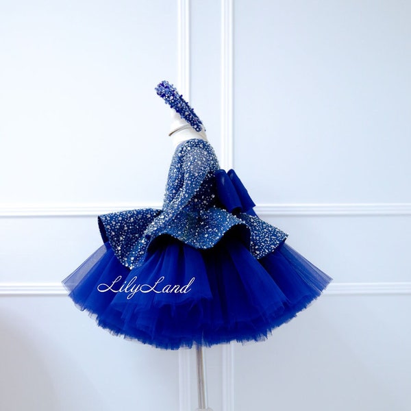 Electric Blue Long Sleeves Sequin Tutu Birthday Baby Dress, Flower Girl Toddler Pageant Sparkling Peplum Prom Gown for Special Occasion