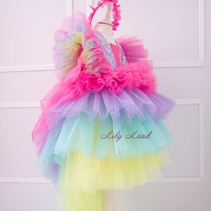 Buntes Babykleid zum ersten Geburtstag, Puffy Rainbow Blumenmädchen Kleid, Einhorn Stil Party Tutu Outfit, Fotoshooting Hochzeit Pageant Kleid