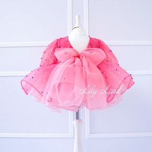 Coral/Peach Tutu Baby Girl Birthday Outfit, Party Dress with Pearls, Short Puffy Flower Girl Toddler Dress, Special Occasion Princess Dress