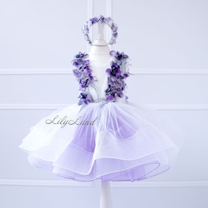 Lilac Floral Flower Girl Dress, Tutu Birthday Party Dress, Tulle Dress 3D Flowers Lace, Pageant Princess Prom Ball Gown, Junior Bridesmaid