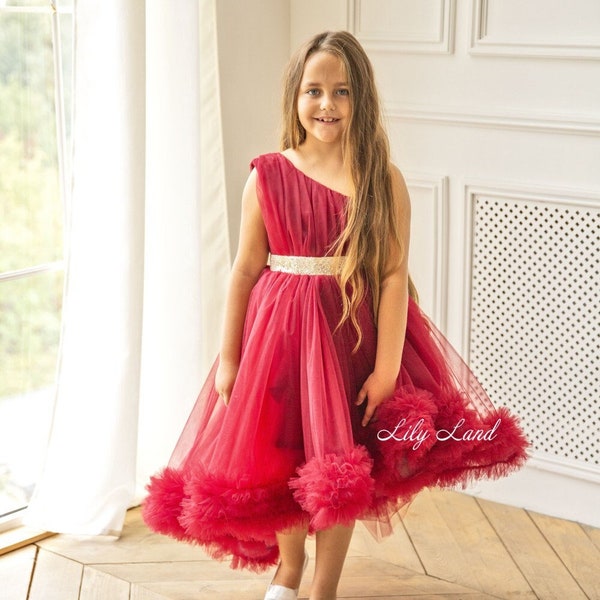 READY TO SHIP -size 8- Burgundy Puffy Flower Girl Gown, Birthday Outfit, One Shoulder Special Ocassion Pageant Prom Ball Baby Dress