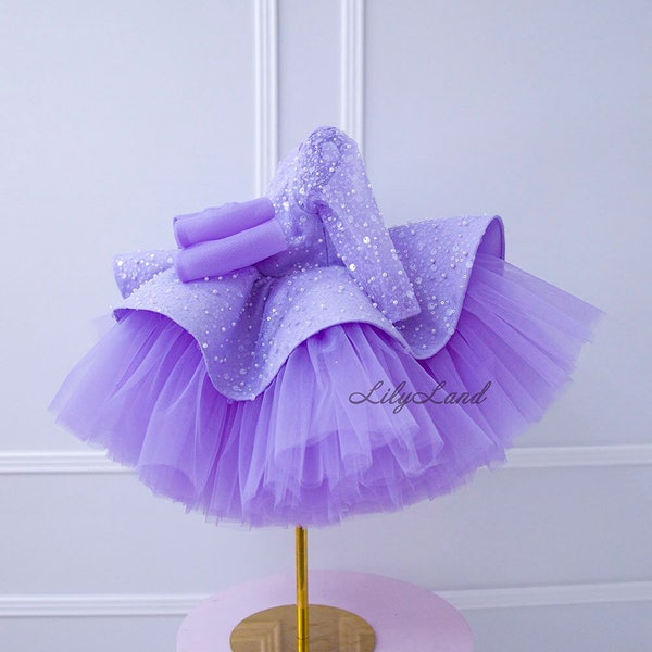 Robe de bébé d’anniversaire Tutu à manches longues lilas, robe de fille de fleur, robe de bal de péplum scintillante de concours de paillettes pour tout-petits pour une occasion spéciale