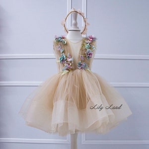 Floral Dress Birthday Party, Tutu Flower Girl Dress, Tulle Dress 3D Flowers Lace, Pageant Toddler dress, Princess Dress