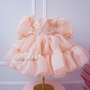 Peach Pearls Tutu  Puffy Flower Girl Dress, First Baby Birthday Party Dress, Princess Girl Gown, Pageant Toddler Special Occasion Dress