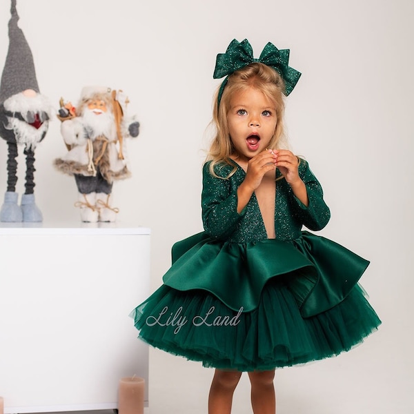 Emerald Green Long Sleeve Glitter Dress, First Birthday Baby Party Outfit, Christmas Photoshoot Girl Dress, Winter Holiday Pageant Wear