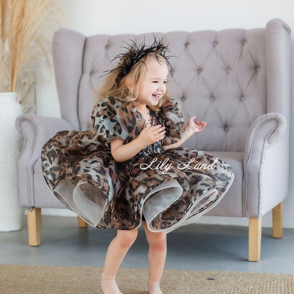 Leopard Brown Puffy Halloween Birthday Baby Dress, Wedding Guest Dress with Animal Print, Tutu Dance Pageant Prom Gown, Xmas Photoshoot Wear