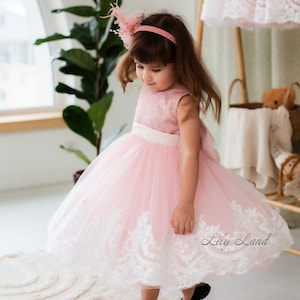 Pink Sparkling First Communion Flower Girl Dress, Lace Tutu Special Occasion Baby Birthday Dress, Graduation Pageant Prom Baptism Gown