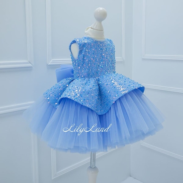 Blue Sparkling Flower Girl Dress, Tutu First Birthday Baby Dress, Special Occasion Photoshoot Prom Toddler Gown Wedding Guest Pageant Wear