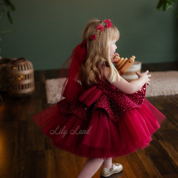 Burgundy Flower Girl Dress, Sparkling Tutu First Birthday Baby Dress, Special Occasion Prom Gown Wedding Guest Pageant Photoshoot Wear