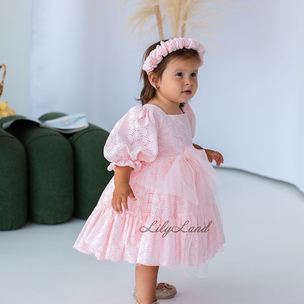 Pink Lace Cotton Birthday Dress with Bows, Flower Girl Dress, Prom Ball Gown, Tutu Tulle Wedding Baby Dress, Princess Party Toddler Dress