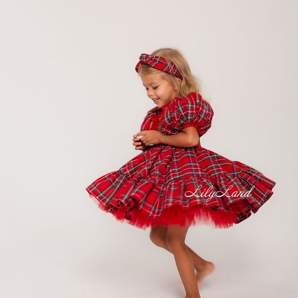 Red Plaid Christmas Baby Girl Dress, Short Puffy Sleeve, Tutu Flannel Prom Gown, Winter Holiday Birthday Dress, Xmas Photoshoot Wear