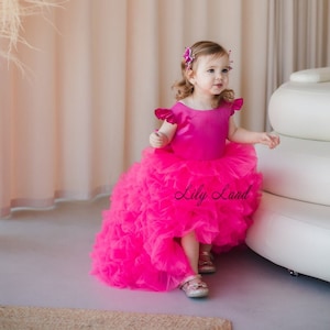 READY TO SHIP - size 9-12 - Hot Pink Flower Girl Dress, Birthday Baby Princess Dress, Puffy Dress With Train Prom Ball Pageant Gown