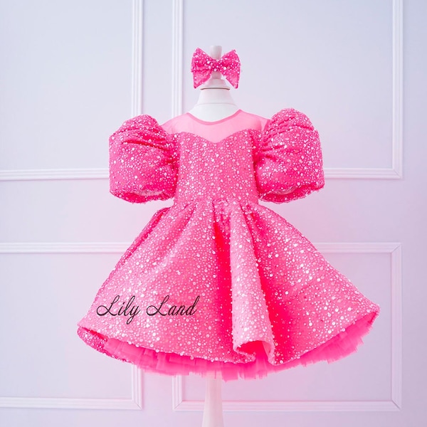Hot Pink Sequined Puffy Festive Birthday Dress, Pageant Tutu Toddler Outfit, Special Occasion Prom Baby Gown, Princess Sweet 16 Party Dress
