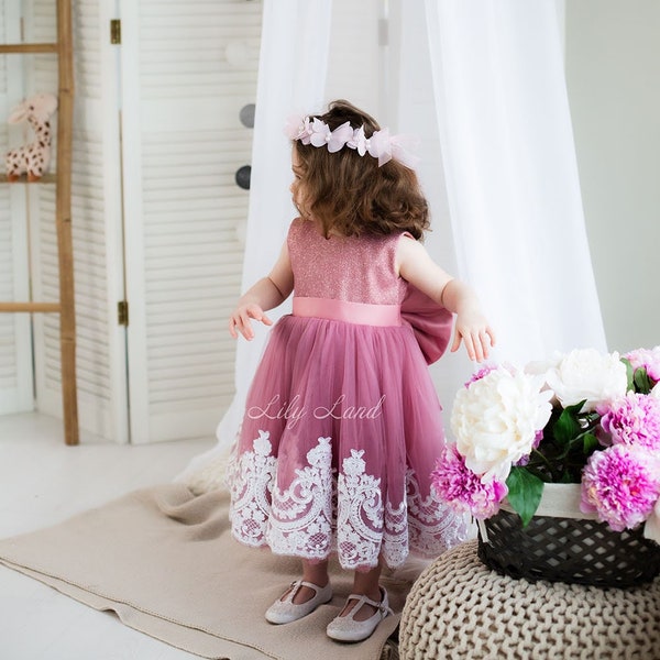 Dusty Rose Sparkling Flower Girl Dress, Lace Tutu Special Occasion Baby Birthday Dress, Mauve Toddler Dress, Graduation Pageant Prom Gown