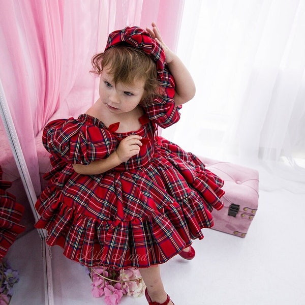 Red Plaid Christmas Gown For Baby Girl, Christmas Photoshoot Costume, Short Puffy Sleeve, Tutu Toddler Dress, Flannel Baby Dress