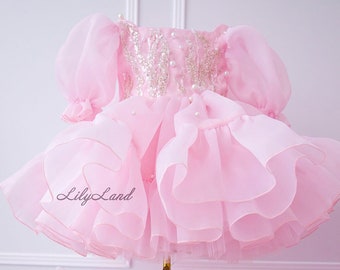 Robe de fille de fleur rose, robe de fête de bébé premier anniversaire, robe de tutu de perles, robe de princesse d'occasion spéciale, robe de bal de bal