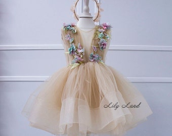 Floral Dress Birthday Party, Tutu Flower Girl Dress, Tulle Dress 3D Flowers Lace, Pageant Toddler dress, Princess Dress