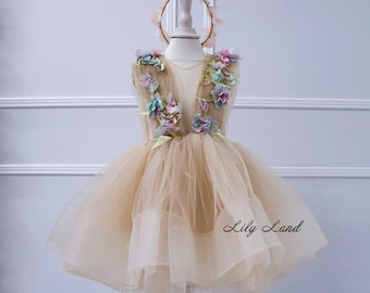 Abito floreale per festa di compleanno, abito da ragazza di fiori tutu, abito in tulle con fiori in pizzo 3D, abito da spettacolo per bambini, abito da principessa