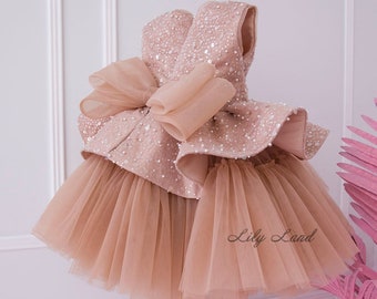 Cappuccino Tutu Birthday Baby Dress, Sparkling Flower Girl Dress, Tulle Toddler Special Occasion Prom Gown, Wedding Guest Pageant Dress