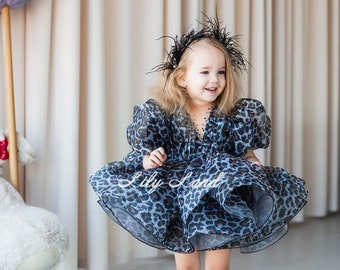 Leopard Puffy Halloween Birthday Baby Dress, Wedding Guest Dress with Animal Print, Tutu Dance Pageant Prom Ball Gown, Xmas Photoshoot Wear