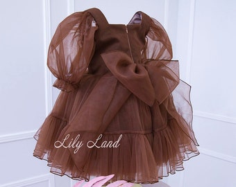Chocolate Tutu & Tulle Puffy Flower Girl Dress, Brown First Baby Birthday Party, Princess Girl Gown, Pageant Toddler Special Occasion Dress