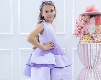 Lavendel bloemenmeisje & prom één schouderjurk, verjaardagsfeestje babyjurk, tutu fotoshoot gezwollen jurk, prinsessenjurk dans speciale gelegenheid