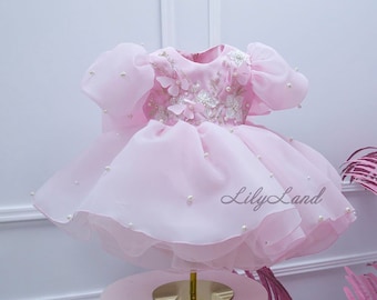 Pink Pearls Flower Girl Dress, Infant First Birthday Baby Dress, Tutu Toddler Princess Dress, Special Occasion Pageant Wedding Guest Dress