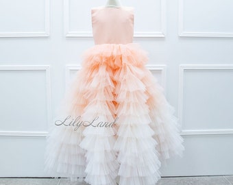 Peach White Ombre Dress, Puffy Flower Girl Dress, Multilayered Baby Birthday Princess Prom Ball Gown, Pageant Photoshoot Junior Bridesmaid