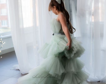 Sage Green Tulle Baby Dress with Detachable Train, Prom Ball Gown, Special Occasion, Pageant Birthday Dance Princess Dress Flower Girl Dress